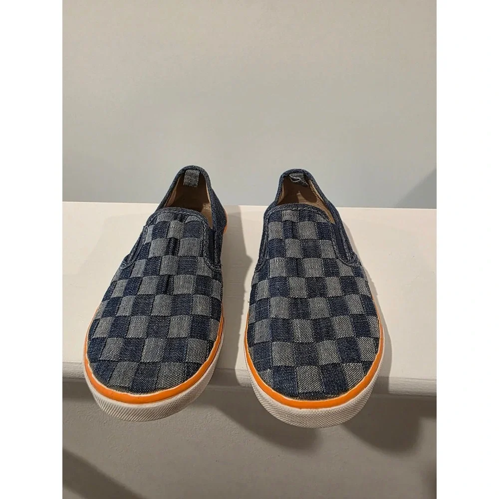 Kid's sz 11 Old Navy Blue Denim Checkerboard Slip On Sneakers Orange Trim Summer
